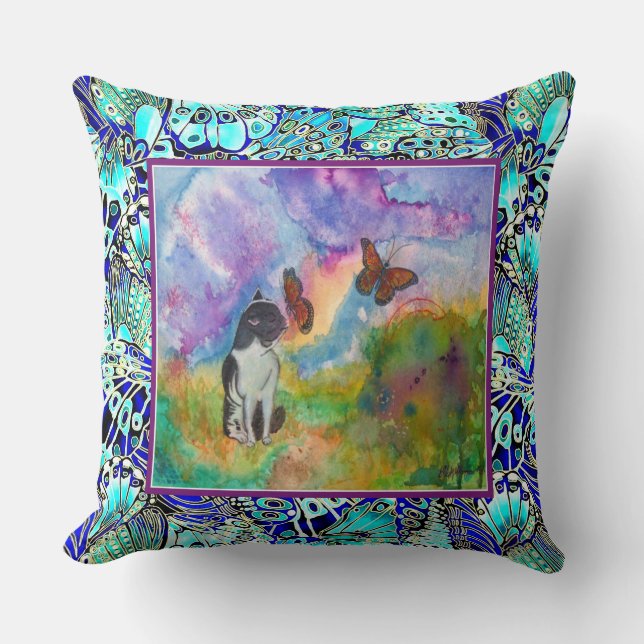 Cat and Monarchs (Winged Trim) Throw Pillow (Front)