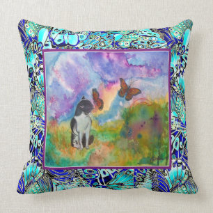 Cat and Monarchs (Winged Trim) Throw Pillow