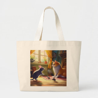 "Cat and Mouse Friendship - Playful Encounter" Large Tote Bag