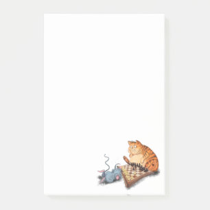 Cat and Mouse Playing Chess Cartoon Drawing Fun Post-it Notes