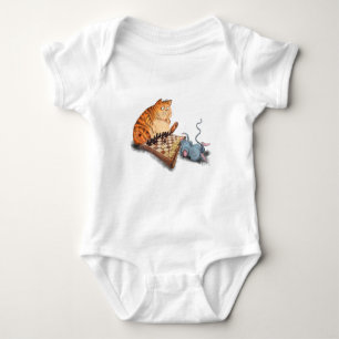 Cat and Mouse Playing Chess Cartoon Drawing Funny Baby Bodysuit