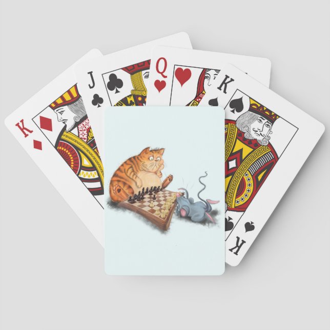 Cat and Mouse Playing Chess Cartoon Drawing Funny  Cards (Back)