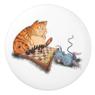 Cat and Mouse Playing Chess Cartoon Drawing Funny  Ceramic Knob