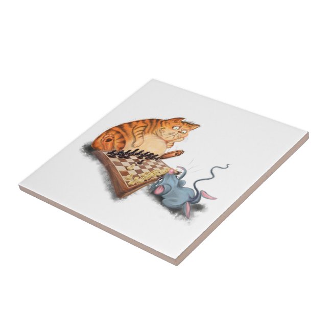 Cat and Mouse Playing Chess Cartoon Drawing Funny  Ceramic Tile (Side)