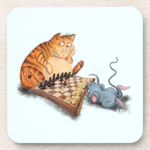 Cat and Mouse Playing Chess Cartoon Drawing Funny Coaster