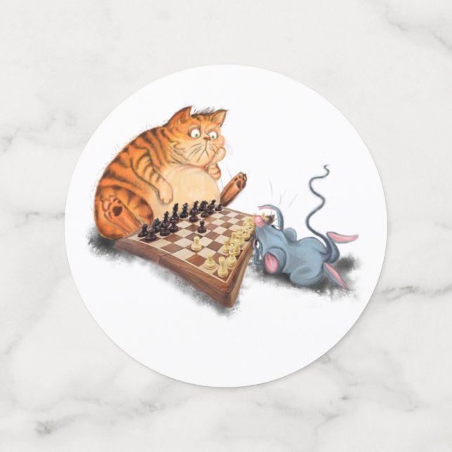 Cat and Mouse Playing Chess Cartoon Drawing Funny  Confetti (Medium Front)