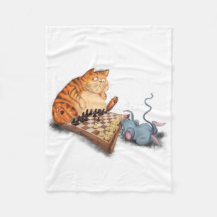Cat and Mouse Playing Chess Cartoon Drawing Funny Fleece Blanket