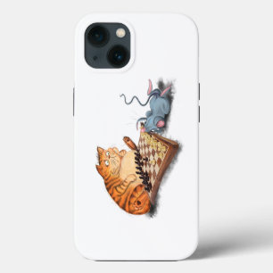 Cat and Mouse Playing Chess Cartoon Drawing Funny iPhone 13 Case