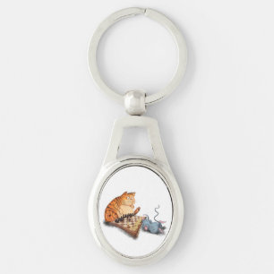 Cat and Mouse Playing Chess Cartoon Drawing Funny  Key Ring
