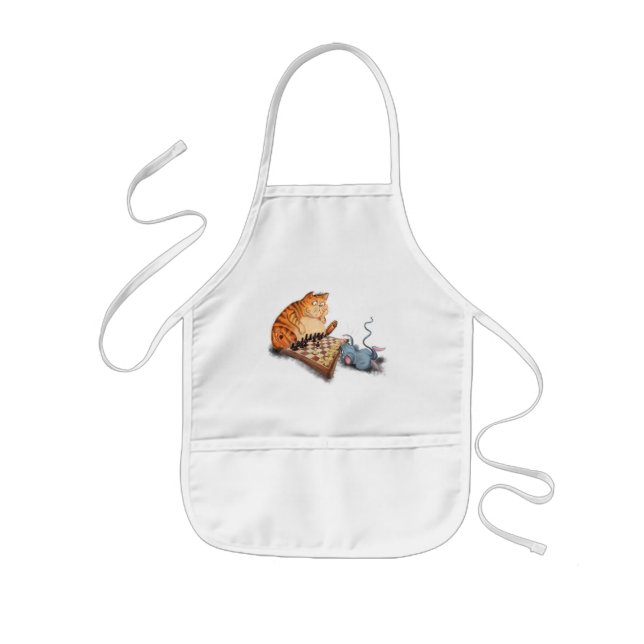 Cat and Mouse Playing Chess Cartoon Drawing Funny  Kids Apron (Front)