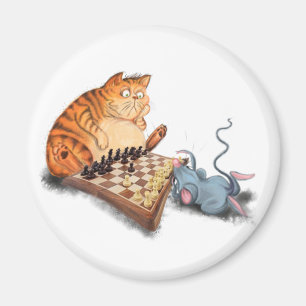 Cat and Mouse Playing Chess Cartoon Drawing Funny  Magnet