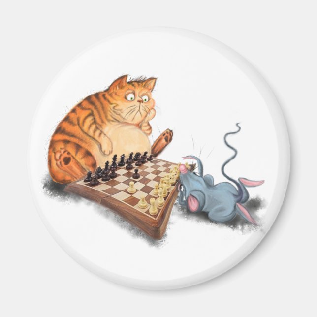 Cat and Mouse Playing Chess Cartoon Drawing Funny  Magnet (Front)
