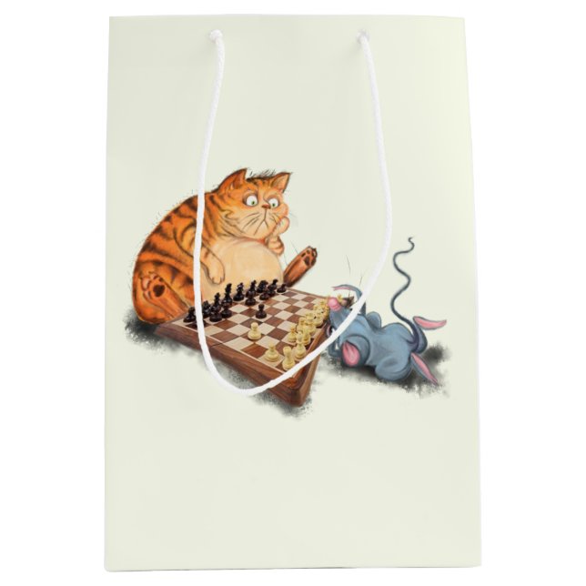 Cat and Mouse Playing Chess Cartoon Drawing Funny  Medium Gift Bag (Front)