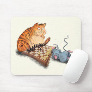 Cat and Mouse Playing Chess Cartoon Drawing Funny Mouse Pad