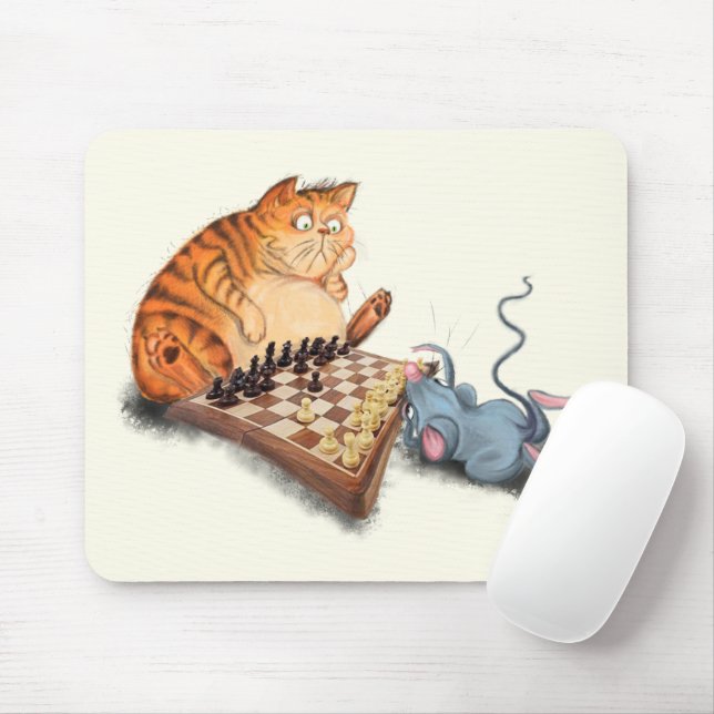 Cat and Mouse Playing Chess Cartoon Drawing Funny  Mouse Pad (With Mouse)