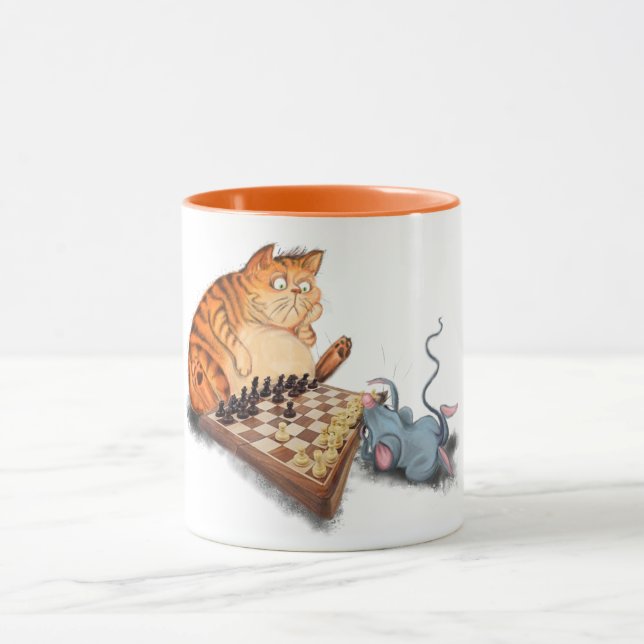 Cat and Mouse Playing Chess Cartoon Drawing Funny  Mug (Center)