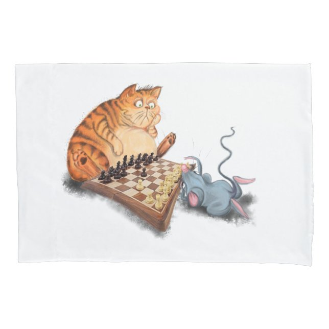 Cat and Mouse Playing Chess Cartoon Drawing Funny  Pillowcase (Front)