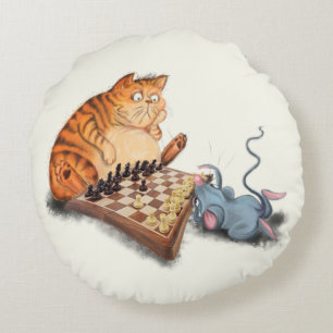 Cat and Mouse Playing Chess Cartoon Drawing Funny Round Cushion