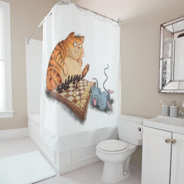 Cat and Mouse Playing Chess Cartoon Drawing Funny  Shower Curtain (In Situ)
