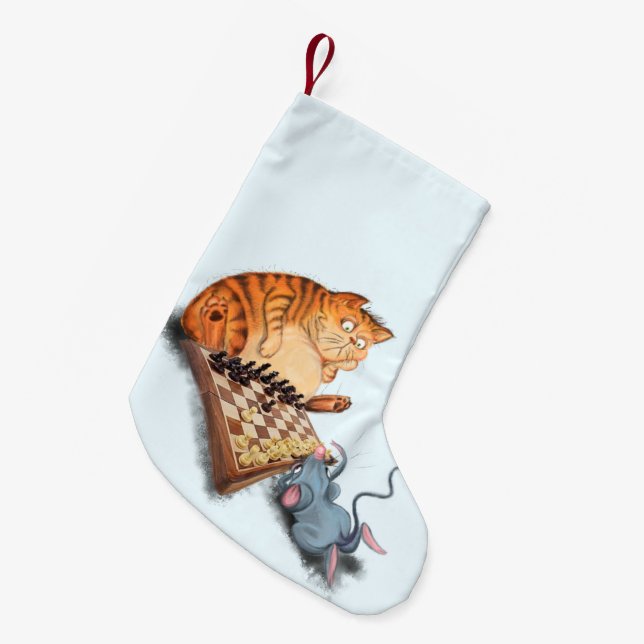 Cat and Mouse Playing Chess Cartoon Drawing Funny  Small Christmas Stocking (Front (Hanging))