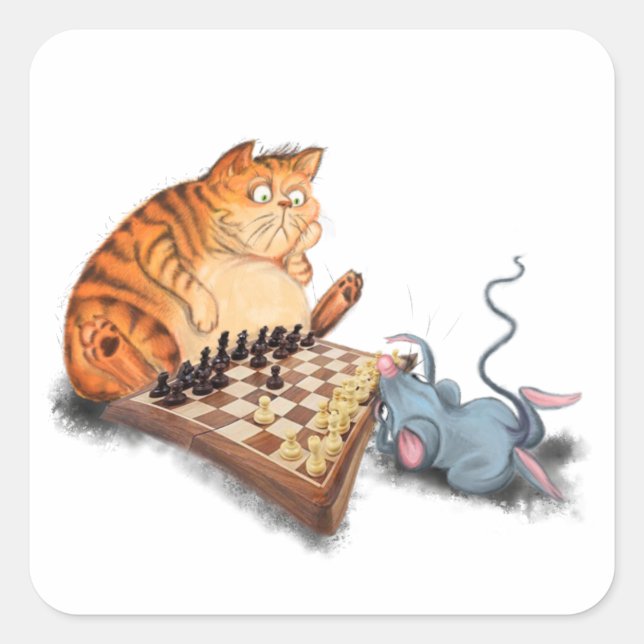 Cat and Mouse Playing Chess Cartoon Drawing Funny  Square Sticker (Front)
