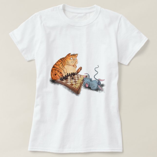 Cat and Mouse Playing Chess Cartoon Drawing Funny  T-Shirt (Design Front)