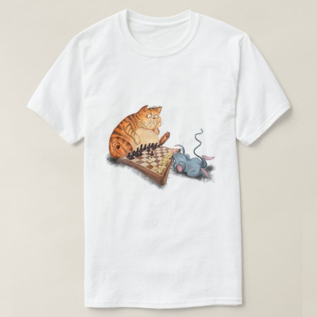 Cat and Mouse Playing Chess Cartoon Drawing Funny  T-Shirt (Design Front)
