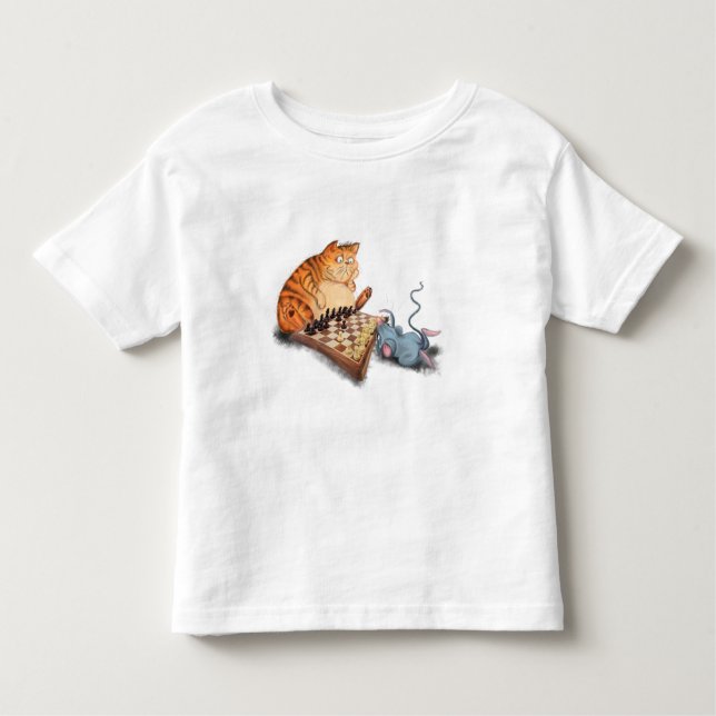 Cat and Mouse Playing Chess Cartoon Drawing Funny Toddler T-Shirt (Front)