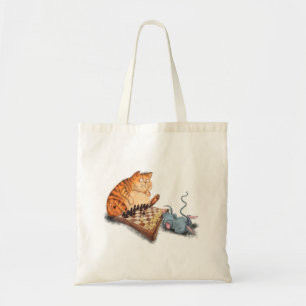 Cat and Mouse Playing Chess Cartoon Drawing Funny Tote Bag