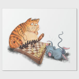 Cat and Mouse Playing Chess Cartoon Drawing Funny  Wrapping Paper