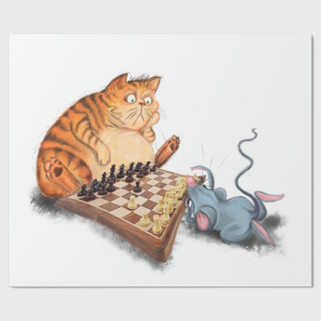 Cat and Mouse Playing Chess Cartoon Drawing Funny  Wrapping Paper (Flat)