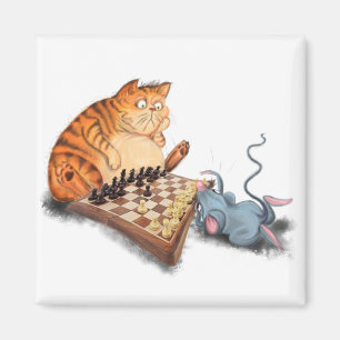 Cat and Mouse Playing Chess Cartoon Funny Painting Magnet