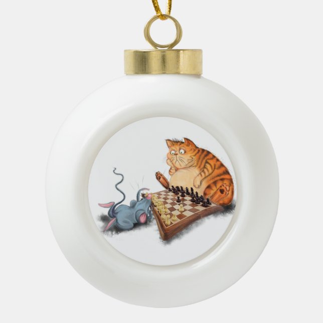 Cat and Mouse Playing Chess Christmas Ornament (Front)