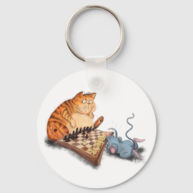 Cat and Mouse Playing Chess Fun Keychain (Front)