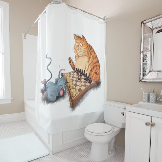 Cat and Mouse Playing Chess - Fun - Painting Shower Curtain (In Situ)