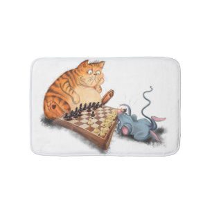 Cat and Mouse Playing Chess Funny Bath Mat