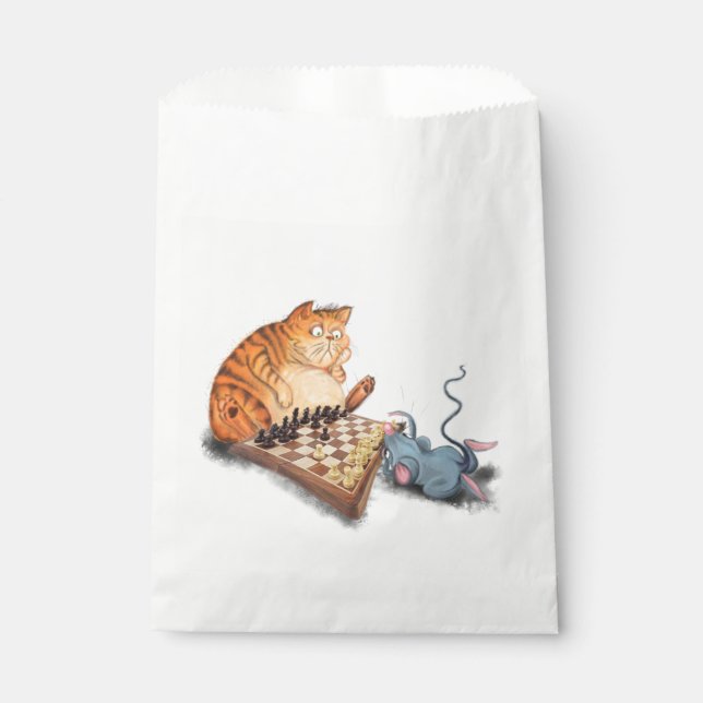 Cat and Mouse Playing Chess Funny Favour Bags (Front)