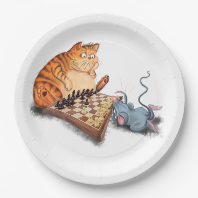 Cat and Mouse Playing Chess Funny Paper Plates (Front)