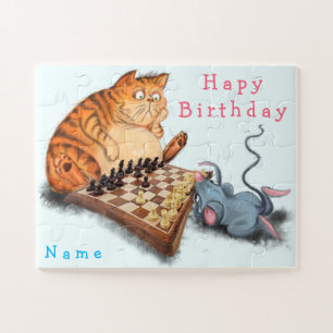 Cat and Mouse Playing Chess - Your Name - Birthday Jigsaw Puzzle