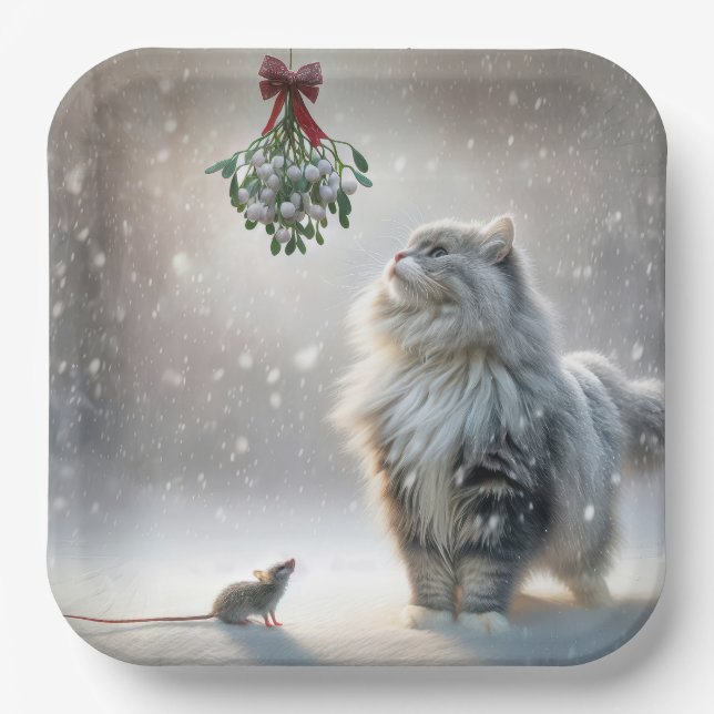 Cat and Mouse Under Mistletoe Paper Plate (Front)