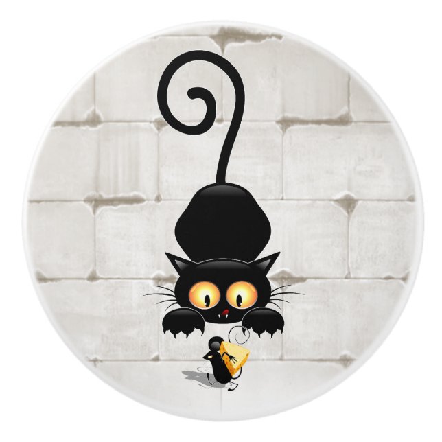 Cat and Mouse with Cheese Fun Cartoon Characters Ceramic Knob (Front)