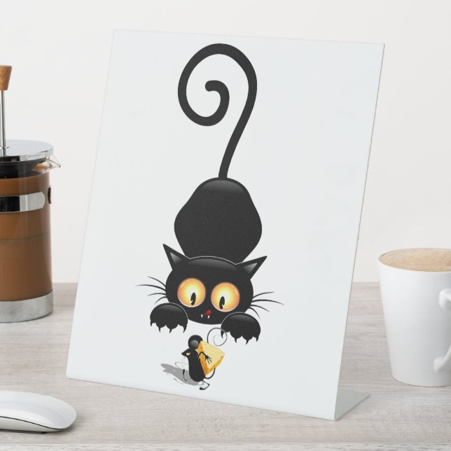Cat and Mouse with Cheese Fun Cartoon Characters Pedestal Sign (In SItu)