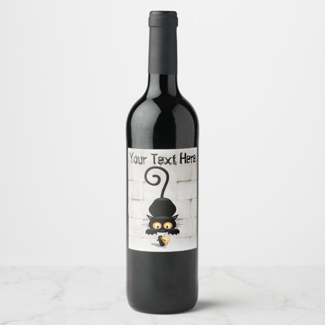 Cat and Mouse with Cheese Fun Cartoon Characters Wine Label (Front)