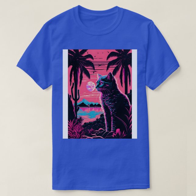Cat and Nature Retrowave Synthwave T-Shirt (Design Front)
