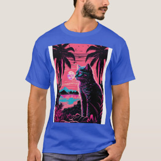 Cat and Nature Retrowave Synthwave T-Shirt