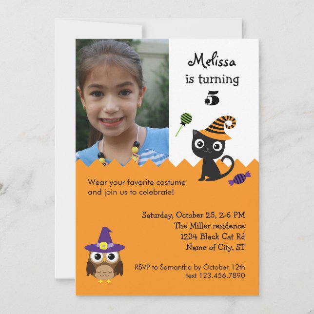 Cat and Owl Halloween Birthday Photo Invitation (Front)