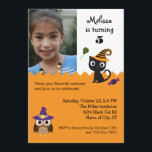 Cat and Owl Halloween Birthday Photo Invitation<br><div class="desc">This cute invitation is ideal to celebrate a birthday party with a Halloween theme. It features a cat and an owl character and a few candies. Add a picture a picture of the birthday child for an extra personal touch. The orange, purple and white colour palette is ideal for this...</div>