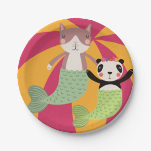 Cat and Panda Summer Mermaids Paper Plate