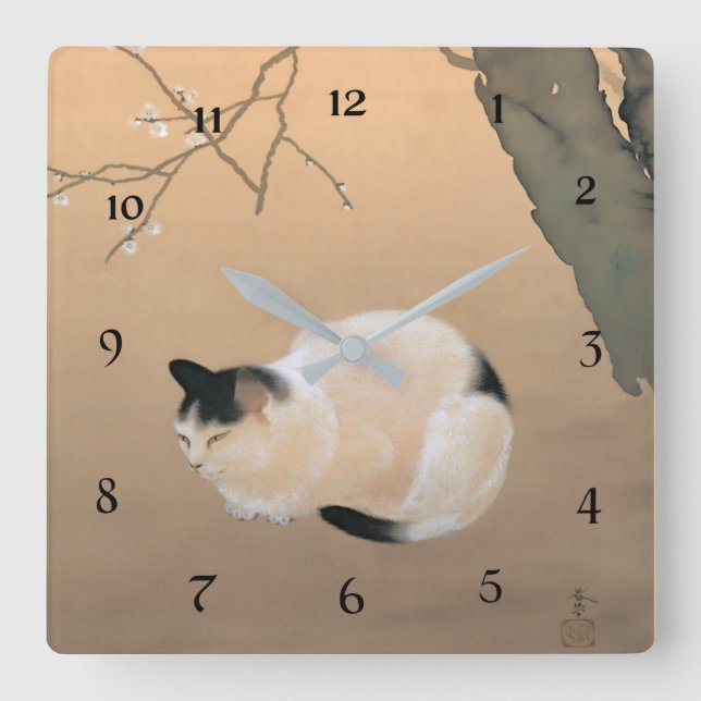 Cat and Plum Blossoms by Hishida Shunso Square Wall Clock (Front)