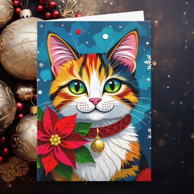 Cat and Poinsettia Personalized Christmas Holiday Card (Creator Uploaded)